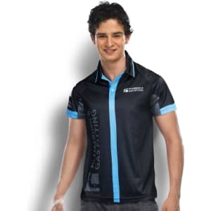 A black performance polo shirt with light blue accents and a logo on the front, worn by a smiling male model.