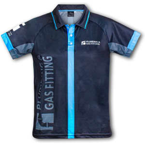 A custom men's performance polo shirt in black with blue accents and a logo.