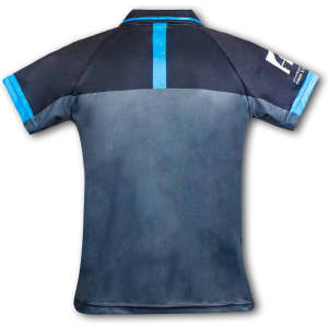 A black and blue custom men's performance polo shirt featuring a logo on the sleeve.