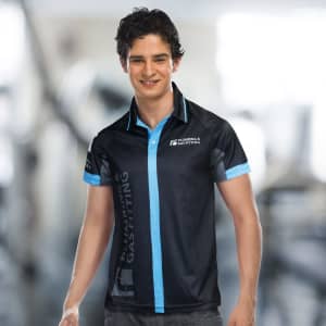 A custom men's performance polo in black with blue accents and a logo on the side.