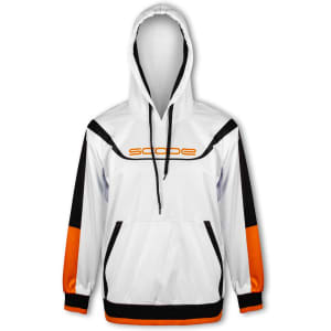A white and orange men's sports hoodie featuring black accents and a logo on the front.