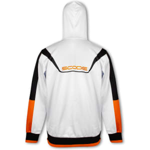 A white and orange men's sports hoodie featuring black accents and a logo on the back.