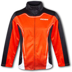A custom men's sports jacket featuring a bold red, black, and white design with a logo on the front.