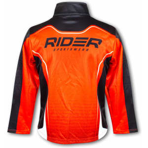 A men's sports jacket in vibrant orange with black and white accents, featuring a logo on the back.