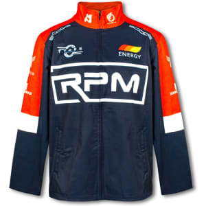 A custom men's premium softshell jacket in navy blue with red and white details, featuring a logo on the front.