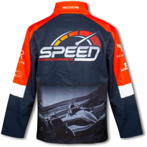 A softshell jacket featuring red and navy colours with a logo and a graphic design on the back.