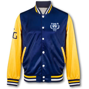 A navy and yellow custom varsity jacket featuring a logo on the front and stripes on the cuffs and collar.