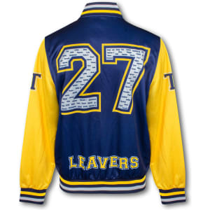 A navy and yellow varsity jacket featuring a large number 27 and the word "LEAVERS" on the back, with a logo displayed.