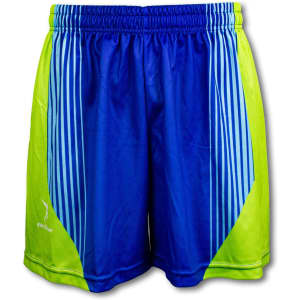 Custom men's sports shorts in blue and bright green, featuring a logo and striped design.