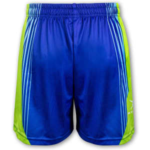 Custom men’s sports shorts in royal blue and vibrant green, featuring an elastic waistband and a logo.