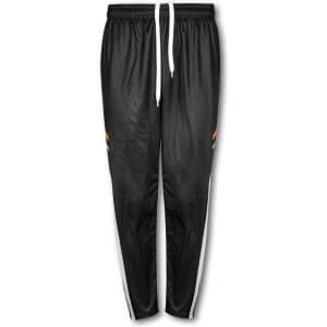 Black track pants featuring white stripes and orange accents, with an elasticised waistband and a logo.