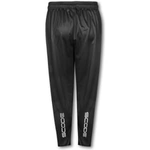 Black custom men's track pants featuring an elastic waistband and logo branding on the sides.