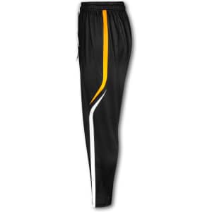 Custom men's track pants in black with white and orange accents. Features an elastic waistband and side pockets.