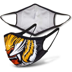 A custom face mask featuring a tiger design, with black straps and a white inner lining.