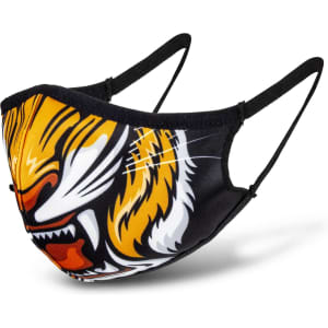 A custom face mask with a tiger graphic design in orange, white, and black colours. It has adjustable straps.