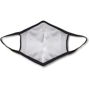 A custom face mask in black with a textured white interior and elastic ear loops. It features a logo.