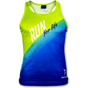 A vibrant green and blue women's sports singlet with a logo and bold "RUN for life" text.