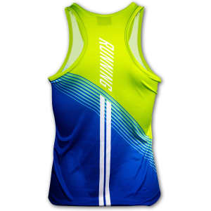 A vibrant women's sports singlet in green and blue with white stripes and a logo on the back.