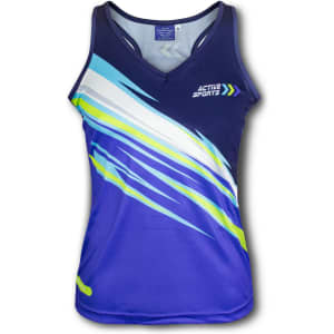 A custom women's performance singlet in blue with vibrant green and white stripes, featuring a logo.