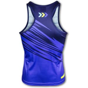 A women's performance singlet in navy blue with vibrant abstract patterns and a logo on the back.