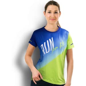 A vibrant blue and green women's sports t-shirt featuring a logo and graphic design.