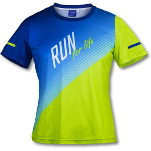 A custom women's sports T-shirt in blue and neon green with a logo and a bold design.