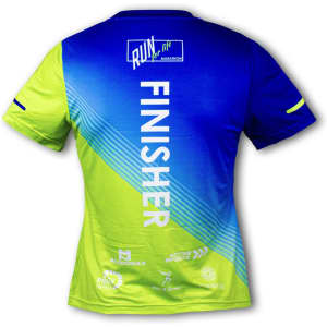 A women's sports t-shirt featuring a blue and green gradient design, with a logo and text on the back.