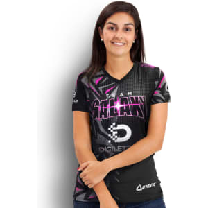 A women's black V-neck sports T-shirt with pink and grey designs, featuring a logo.
