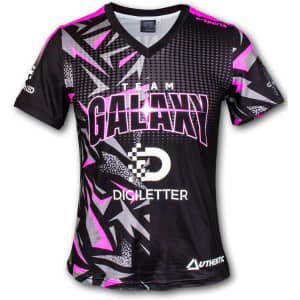 A black and pink V-neck T-shirt with geometric patterns and a logo. Suitable for sports and casual wear.