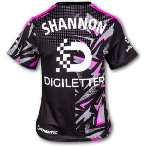A black women's sports V-neck T-shirt featuring pink and white geometric designs and a logo on the back.