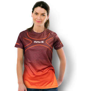 A custom women's performance t-shirt in shades of orange and maroon, featuring a logo and a modern design.