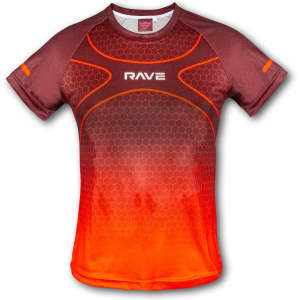 A custom women's performance t-shirt in shades of brown and orange, featuring a honeycomb pattern and a logo.