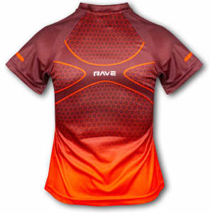 A women's performance t-shirt in maroon and orange, featuring a geometric pattern and a logo on the back.