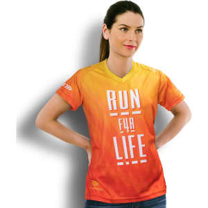 A women's performance V-neck T-shirt in an orange gradient with a logo, featuring a bold slogan on the front.