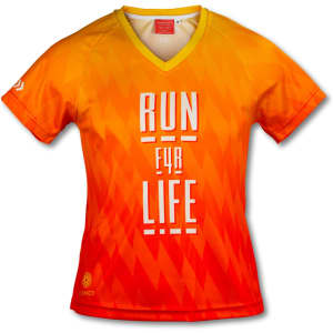 A vibrant orange and yellow women's V-neck performance T-shirt featuring a graphic design and logo.