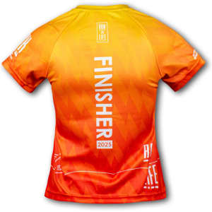 A women's performance V-neck T-shirt in vibrant orange and yellow with a logo and design elements.
