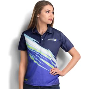 A women's sports polo in navy blue with a dynamic multicoloured design and a logo on the chest.