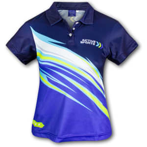 A custom women's sports polo shirt in navy blue with vibrant blue and green wave patterns and a logo.