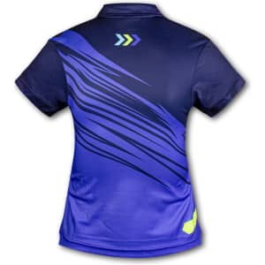 A women's sports polo in navy blue with dynamic graphic patterns and a logo on the back.