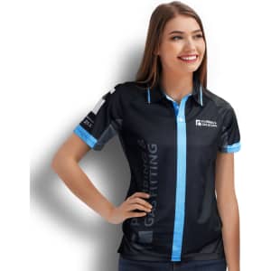 A women's black performance polo shirt with blue accents and a logo on the sleeve.