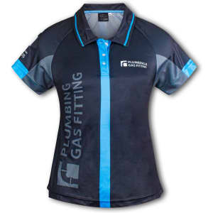 A custom women's performance polo shirt in black and blue, featuring a logo.