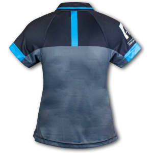 A women's performance polo in grey with blue accents, featuring a logo on the sleeve.