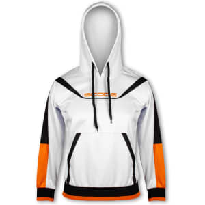 A white hoodie featuring black and orange details, with a front pocket and a branded logo.