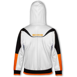 A white and black hoodie with orange accents and a logo on the back. It features a hood and long sleeves.
