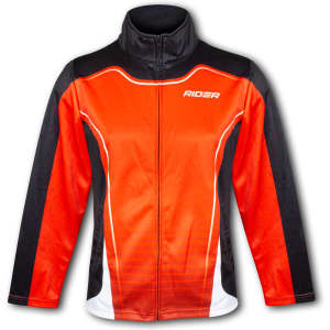 A red and black women's sports jacket with a high collar and a logo on the front.