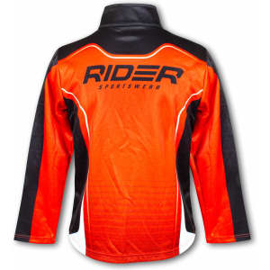 A women's sports jacket in vibrant orange, black, and white featuring a logo on the back.
