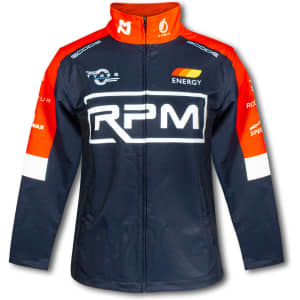 A premium softshell jacket featuring a navy blue base with red accents and a logo on the front.