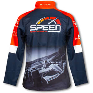 A navy and red women's premium softshell jacket with a logo and racing-themed graphic on the back.