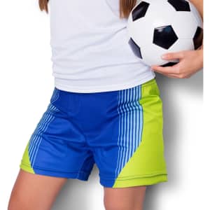 Custom women's sports shorts in blue and lime green, featuring a logo, paired with a soccer ball.