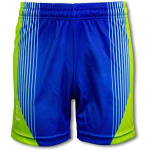 Custom women's sports shorts in blue and green with a logo and vertical stripe design.